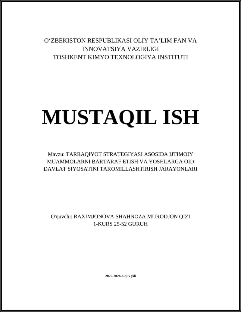 TARRAQIYOT STRATEGIYASI ASOSIDA IJTIMOIY MUAMMOLARNI BARTARAF ETISH VA YOSHLARGA OID DAVLAT SIYOSATINI TAKOMILLASHTIRISH JARAYONLARI