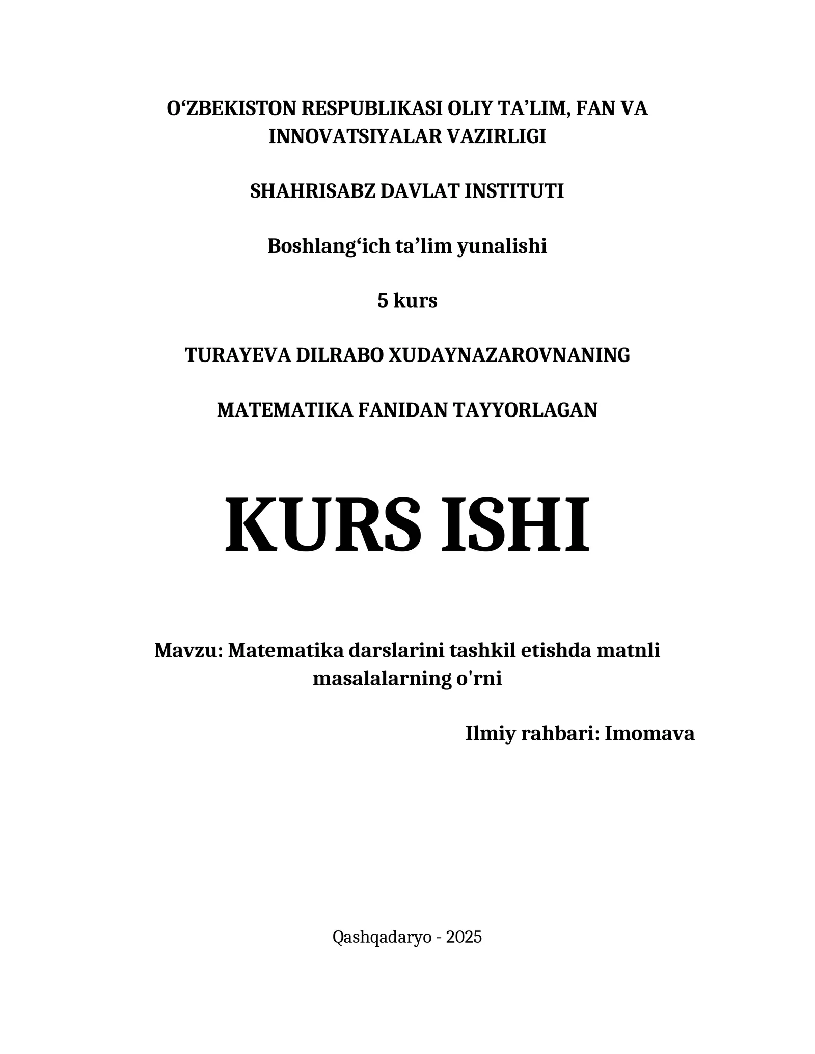 MATEMATIKA DARSLARINI TASHKIL ETISHDA MATNLI MASALALARNING O'RNI