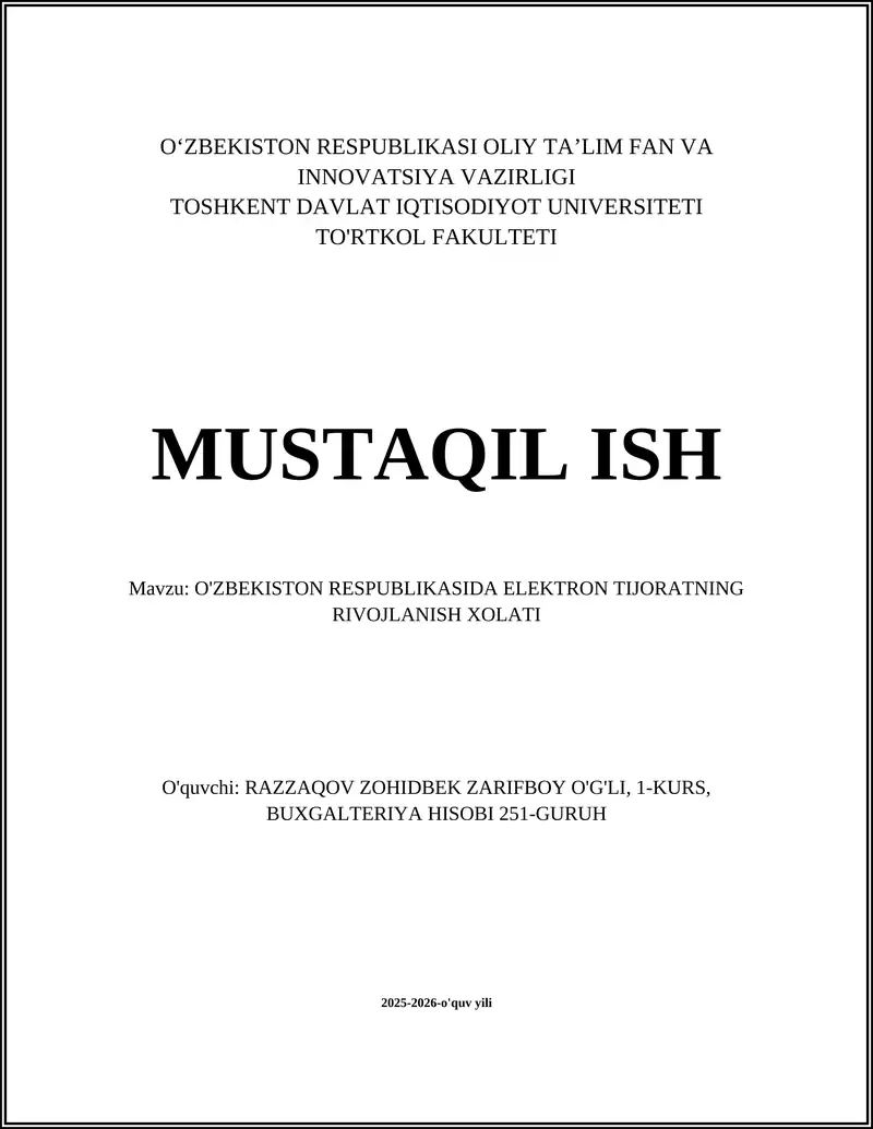 O'ZBEKISTON RESPUBLIKASIDA ELEKTRON TIJORATNING RIVOJLANISH XOLATI