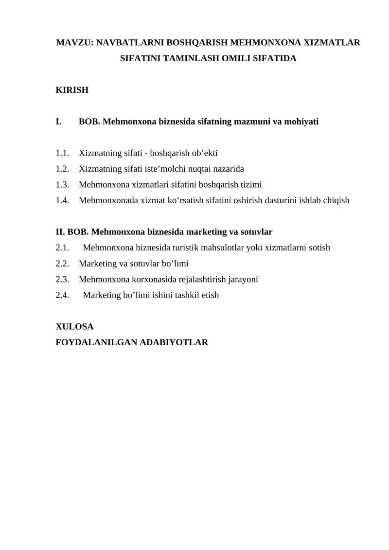 NAVBATLARNI BOSHQARISH MEHMONXONA XIZMATLAR SIFATINI TAMINLASH OMILI SIFATIDA