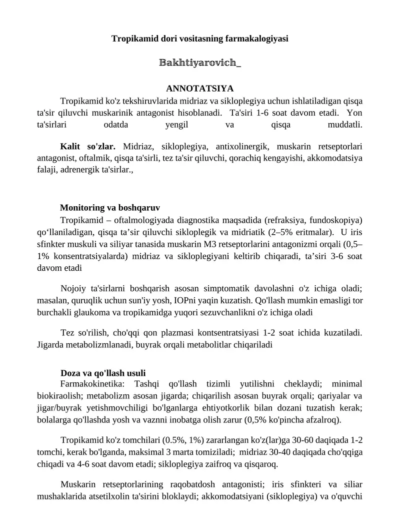 Tropikamid dori vositasning farmakalogiyasi