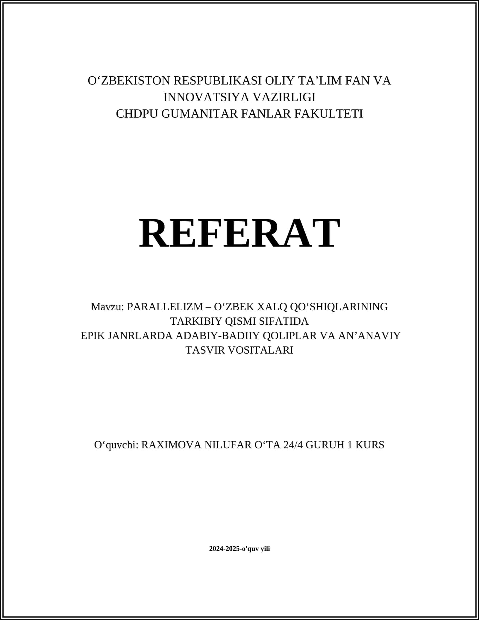 PARALLELIZM – O‘ZBEK XALQ QO‘SHIQLARINING TARKIBIY QISMI SIFATIDA