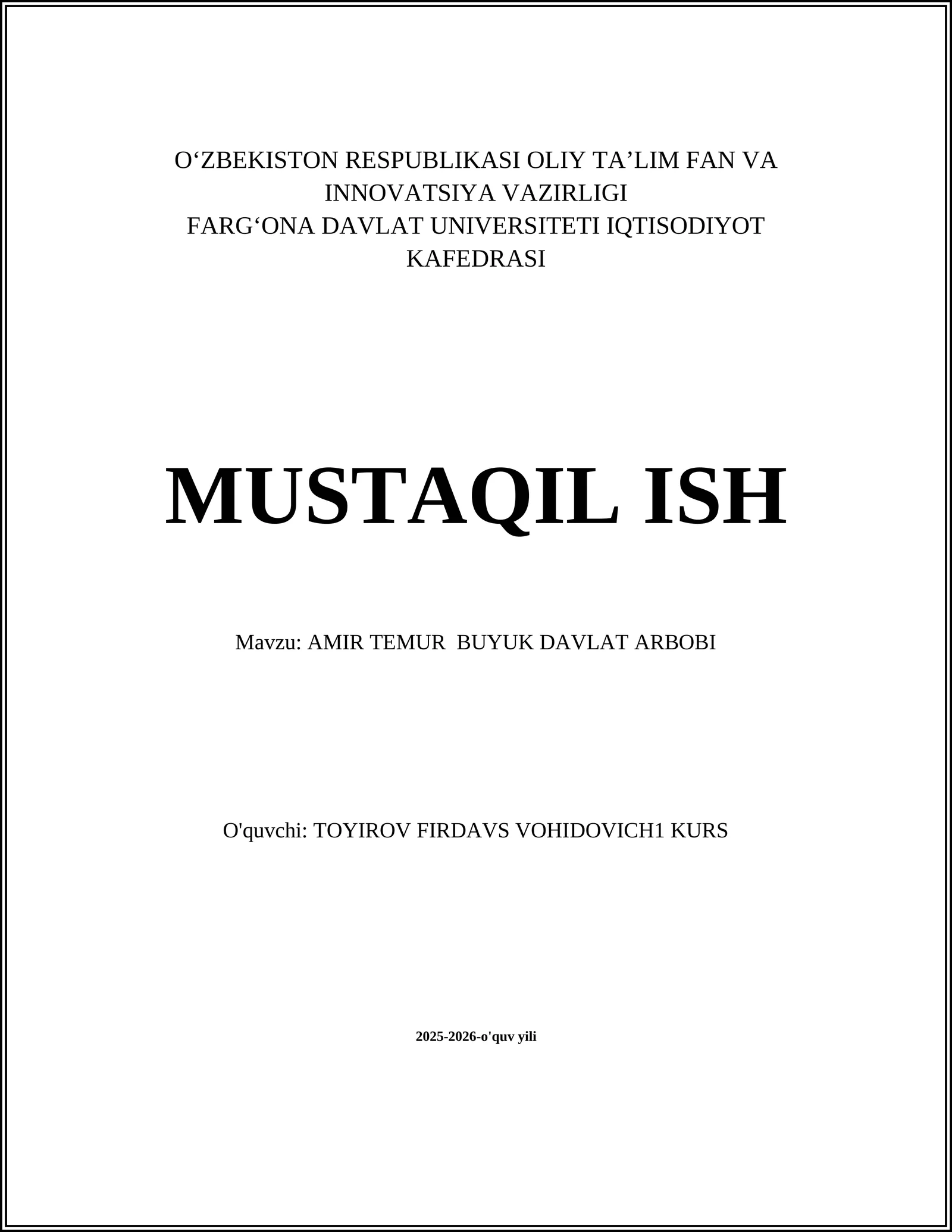 AMIR TEMUR BUYUK DAVLAT ARBOBI