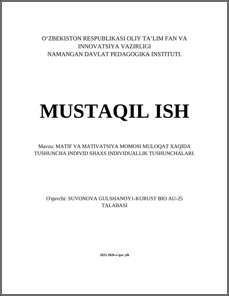 MATIF VA MATIVATSIYA MOMOSI MULOQAT XAQIDA TUSHUNCHA INDIVID SHAXS INDIVIDUALLIK TUSHUNCHALARI