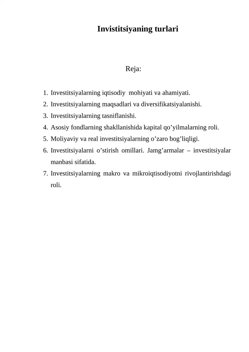 Investitsiyalar va ularning o'zaro bog'liqligi
