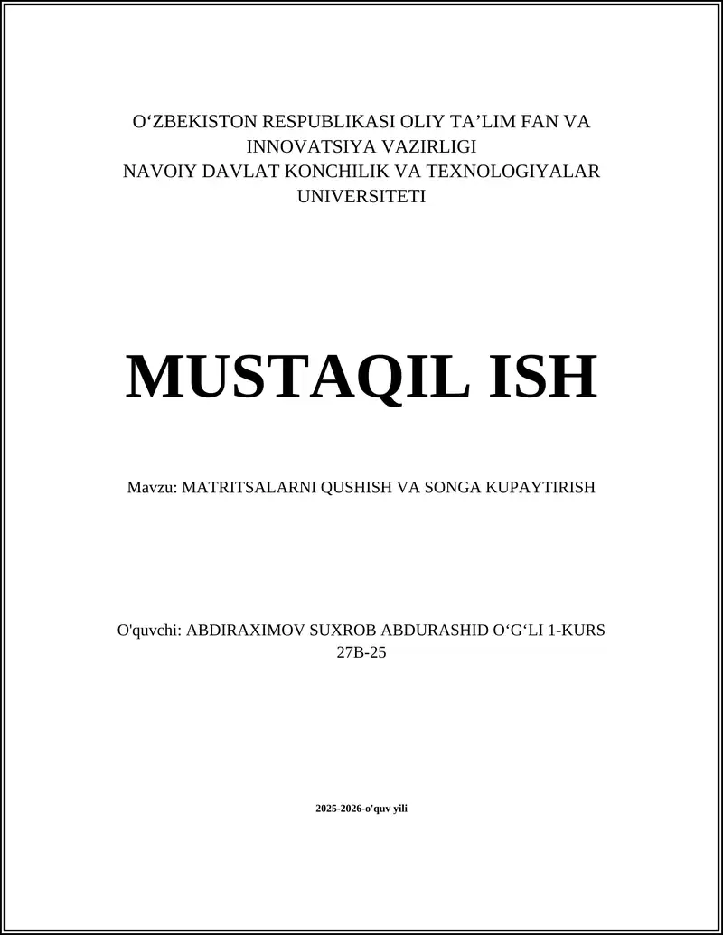 MATRITSALARNI QUSHISH VA SONGA KUPAYTIRISH