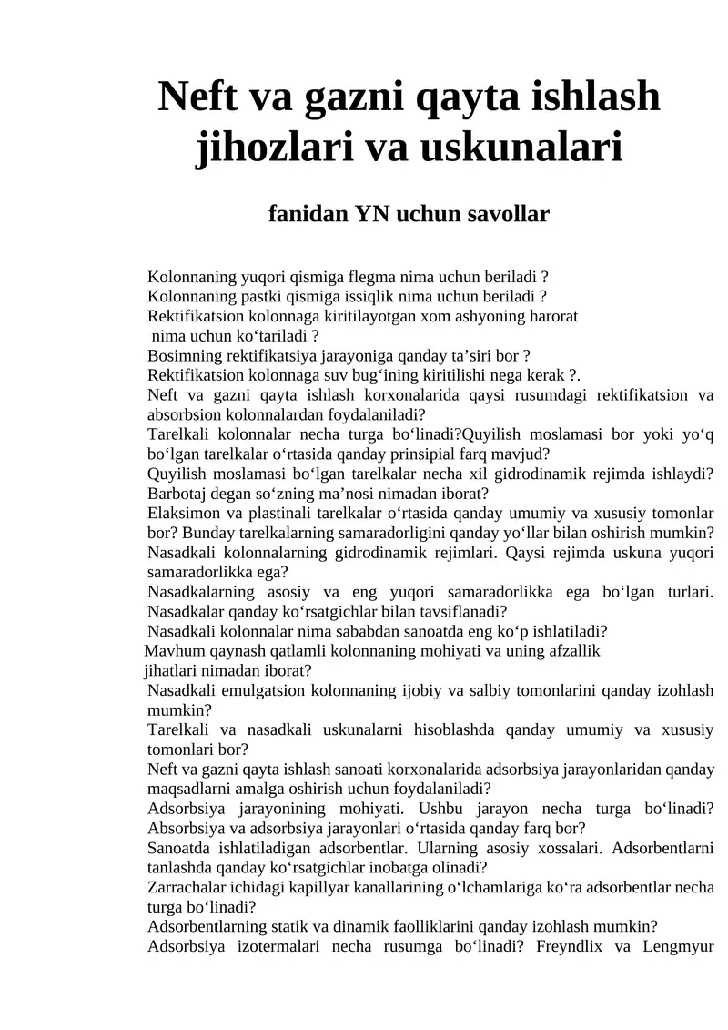 Neft va gazni qayta ishlash jihozlari va uskunalari