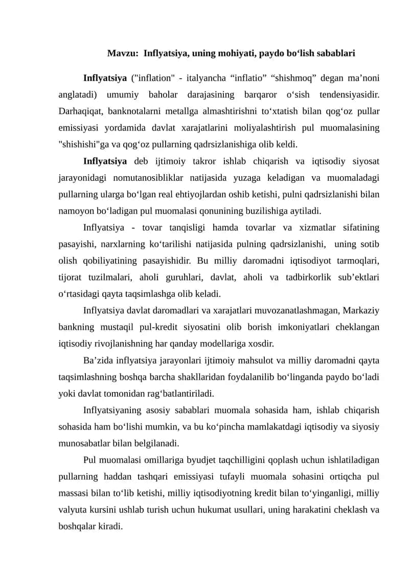 Inflyatsiya, uning mohiyati, paydo bo‘lish sabablari