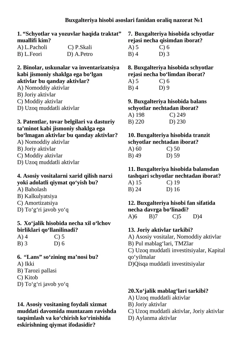 Buxgalteriya hisobi asoslari fanidan oraliq nazorat 1