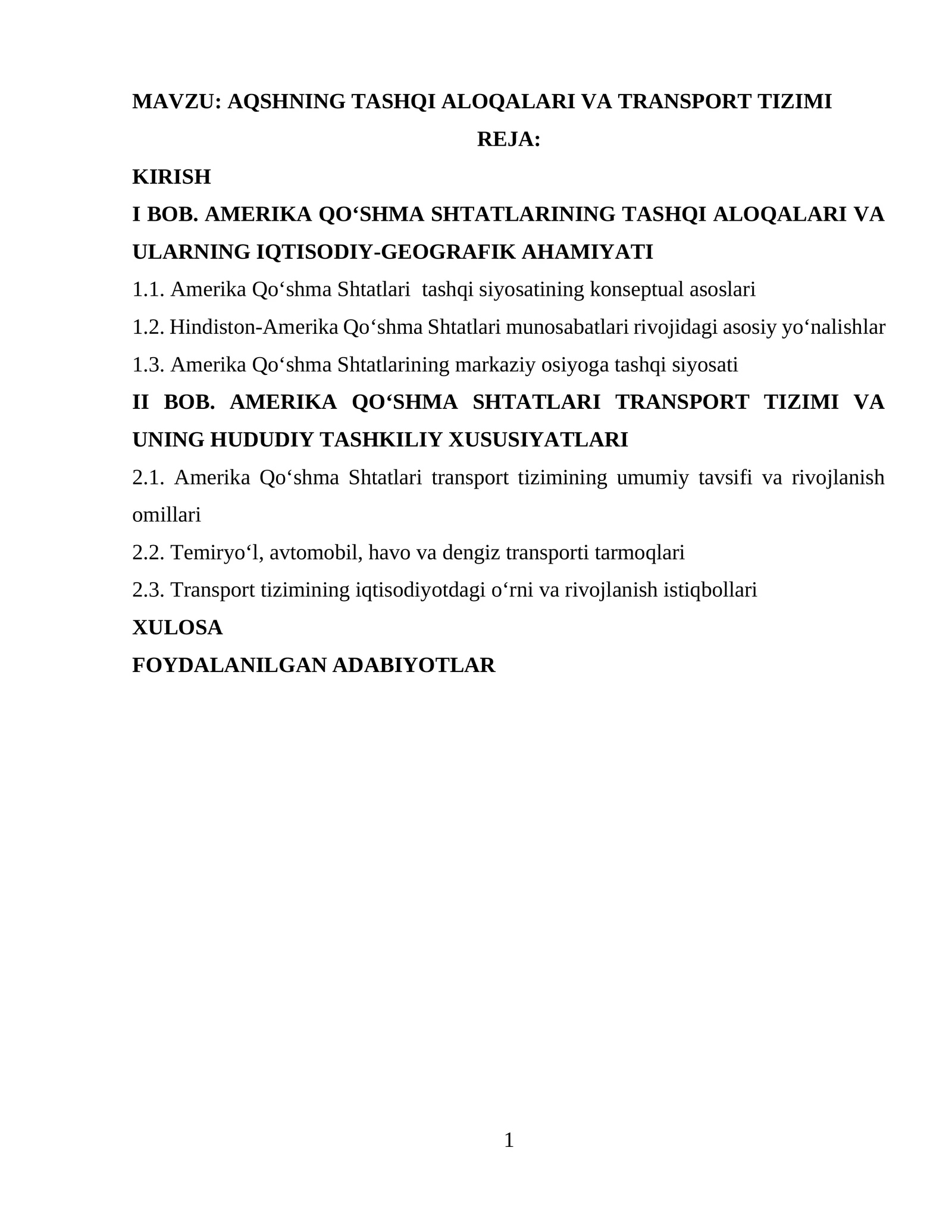 AQSHNING TASHQI ALOQALARI VA TRANSPORT TIZIMI