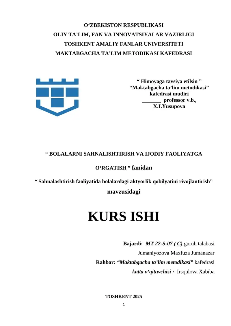 Sahnalashtirish faoliyatida bolalardagi aktyorlik qobilyatini rivojlantirish.