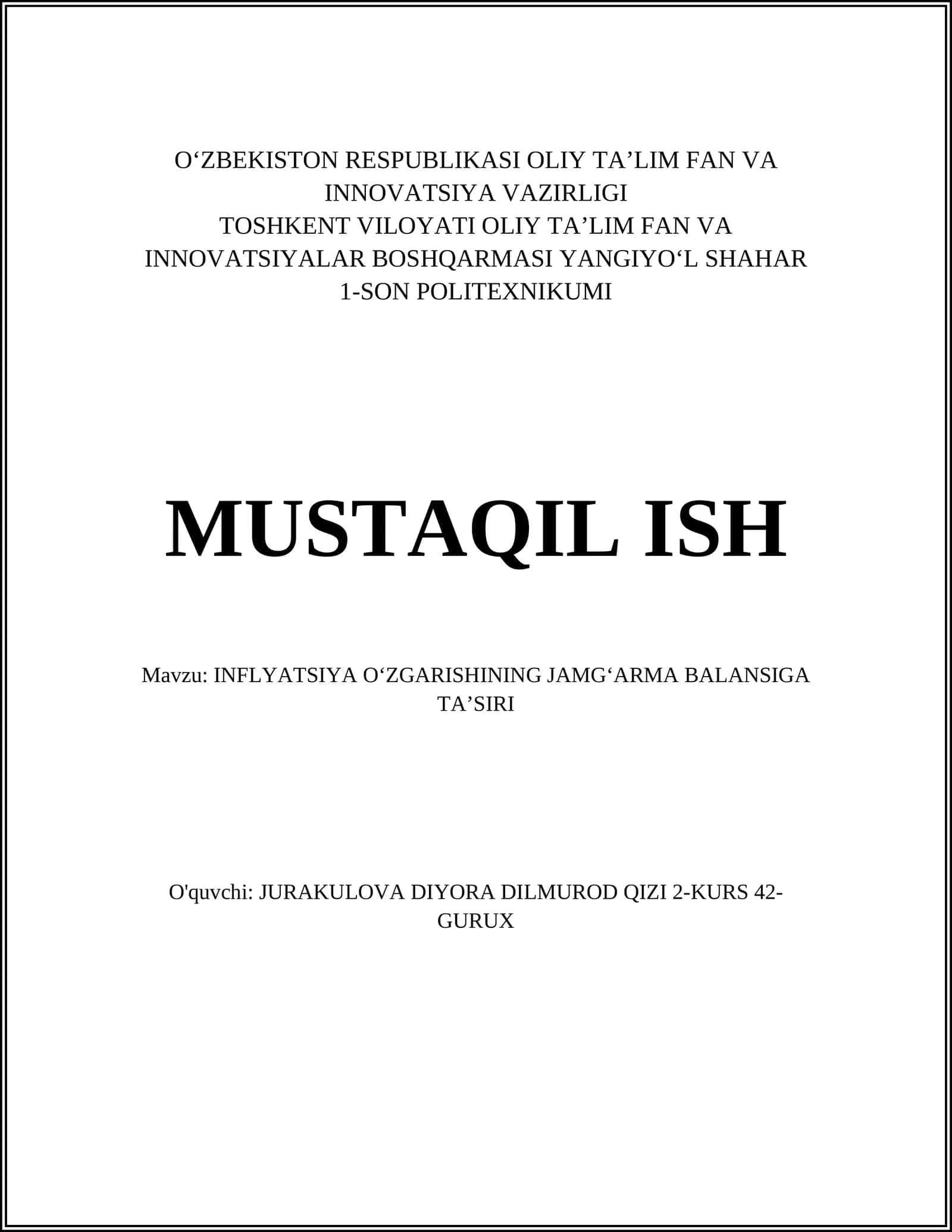 INFLYATSIYA OʻZGARISHINING JAMGʻARMA BALANSIGA TAʼSIRI