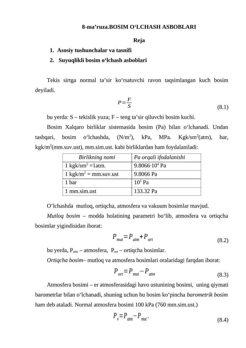 BOSIM O‘LCHASH ASBOBLARI