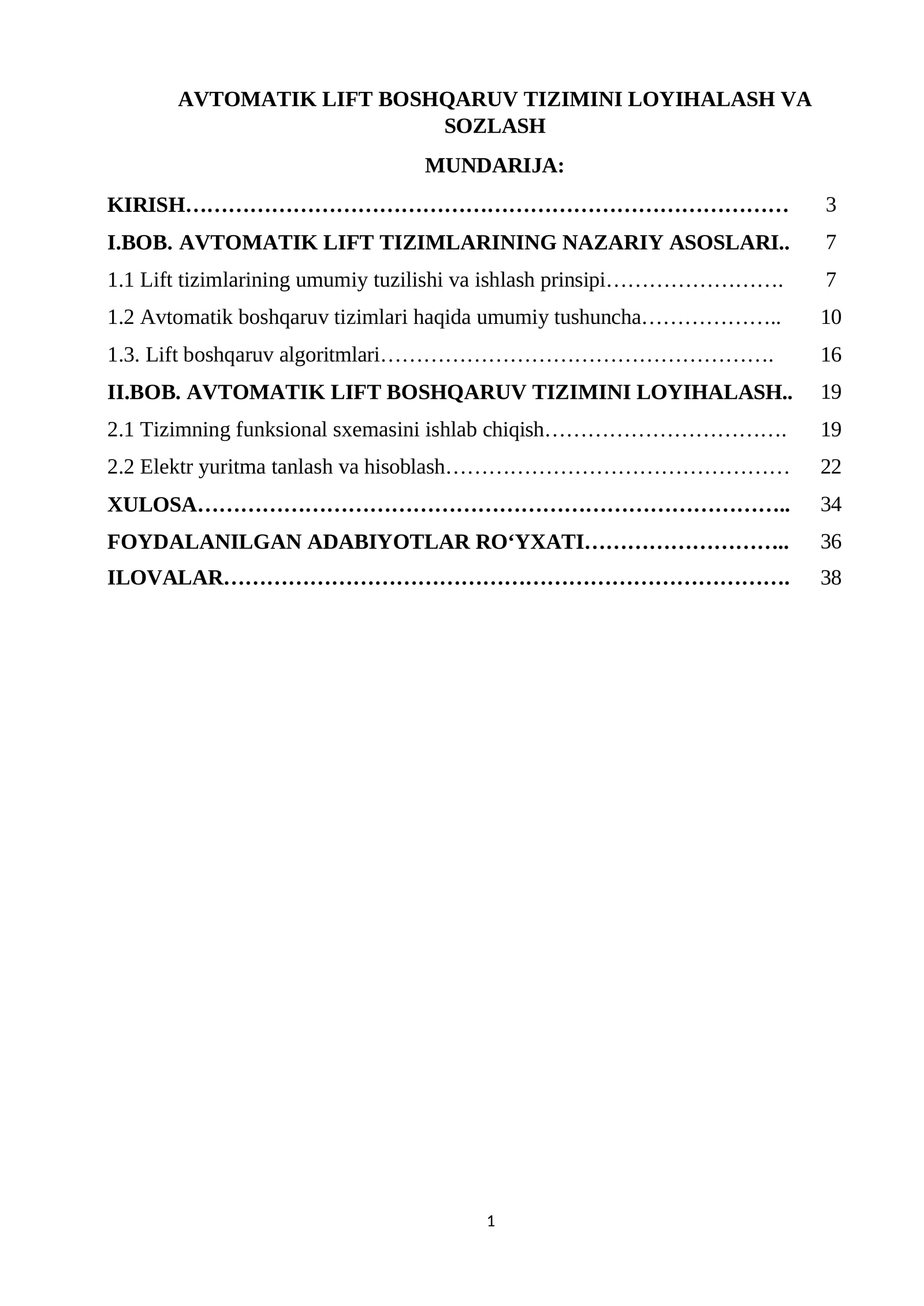 AVTOMATIK LIFT BOSHQARUV TIZIMINI LOYIHALASH VA SOZLASH