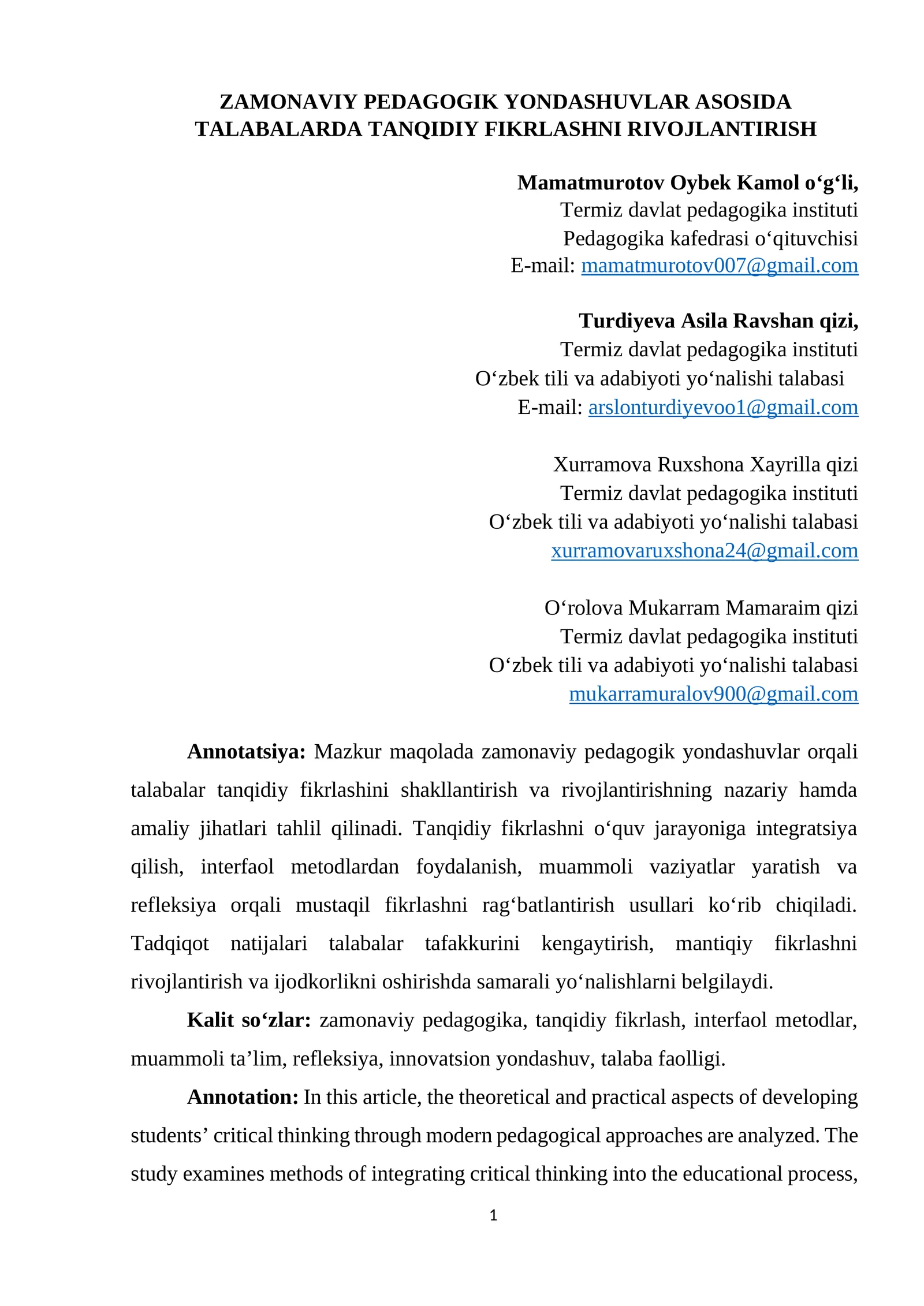 ZAMONAVIY PEDAGOGIK YONDASHUVLAR ASOSIDA TALABALARDA TANQIDIY FIKRLASHNI RIVOJLANTIRISH