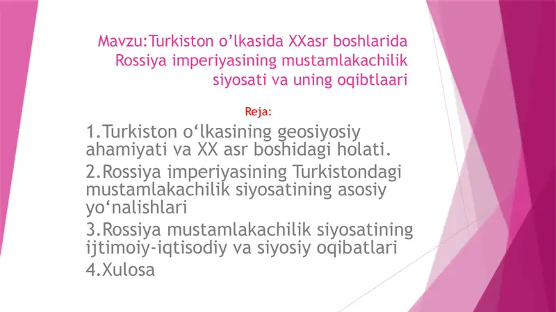 Rossiya imperiyasining Turkistondagi mustamlakachilik siyosati