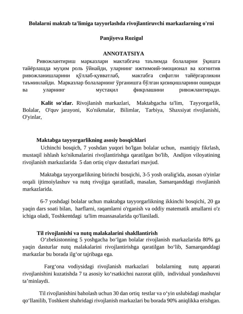 Bolalarni maktab ta'limiga tayyorlashda rivojlantiruvchi markazlarning o'rni
