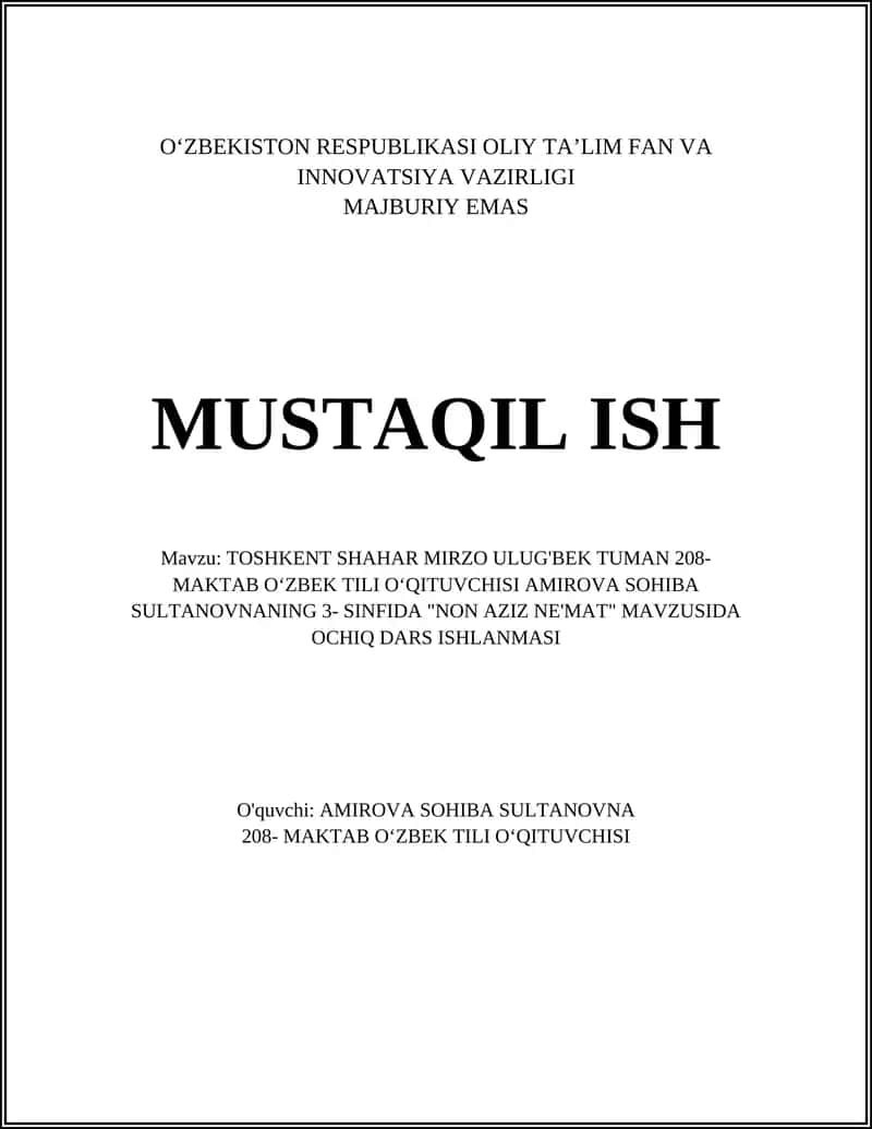NON AZIZ NE'MAT dars ishlanmasi