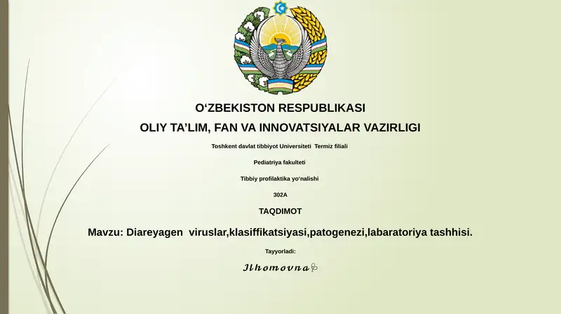 Diareyagen viruslar,klasiffikatsiyasi,patogenezi,labaratoriya tashhisi