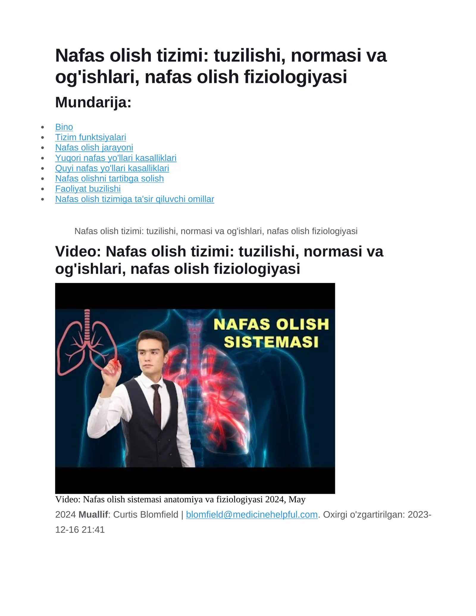 Nafas olish tizimi: tuzilishi, normasi va og'ishlari, nafas olish fiziologiyasi