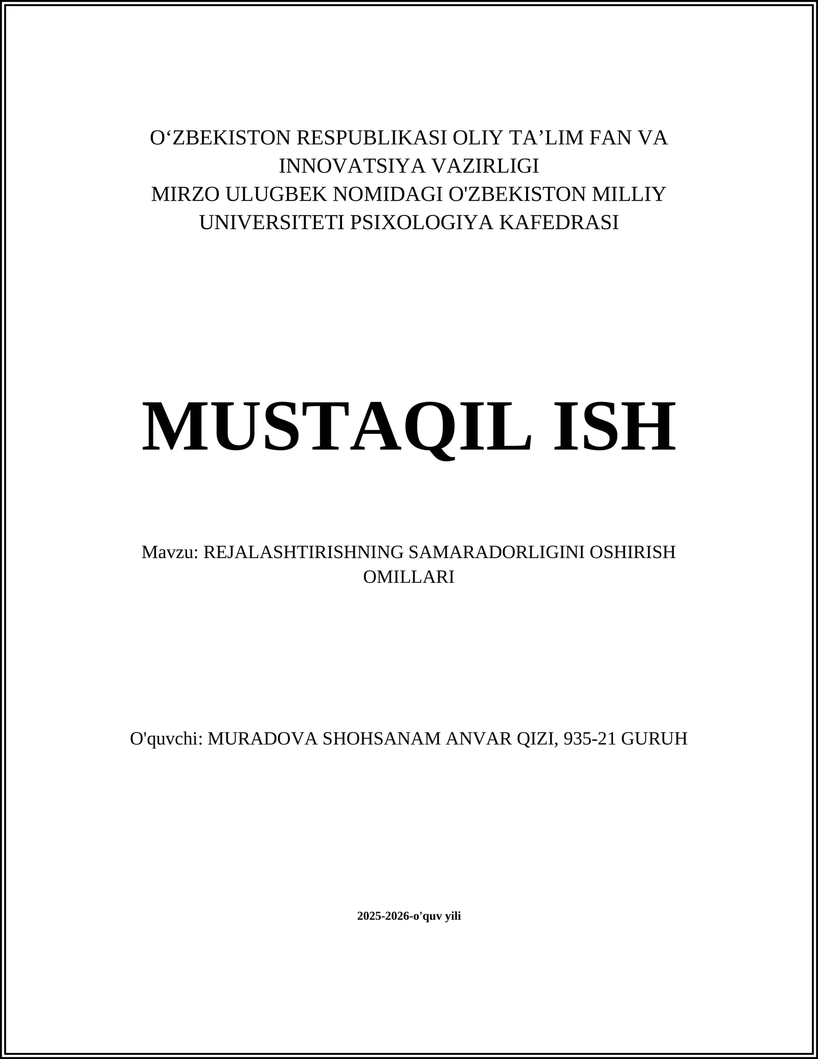 REJALASHTIRISHNING SAMARADORLIGINI OSHIRISH OMILLARI
