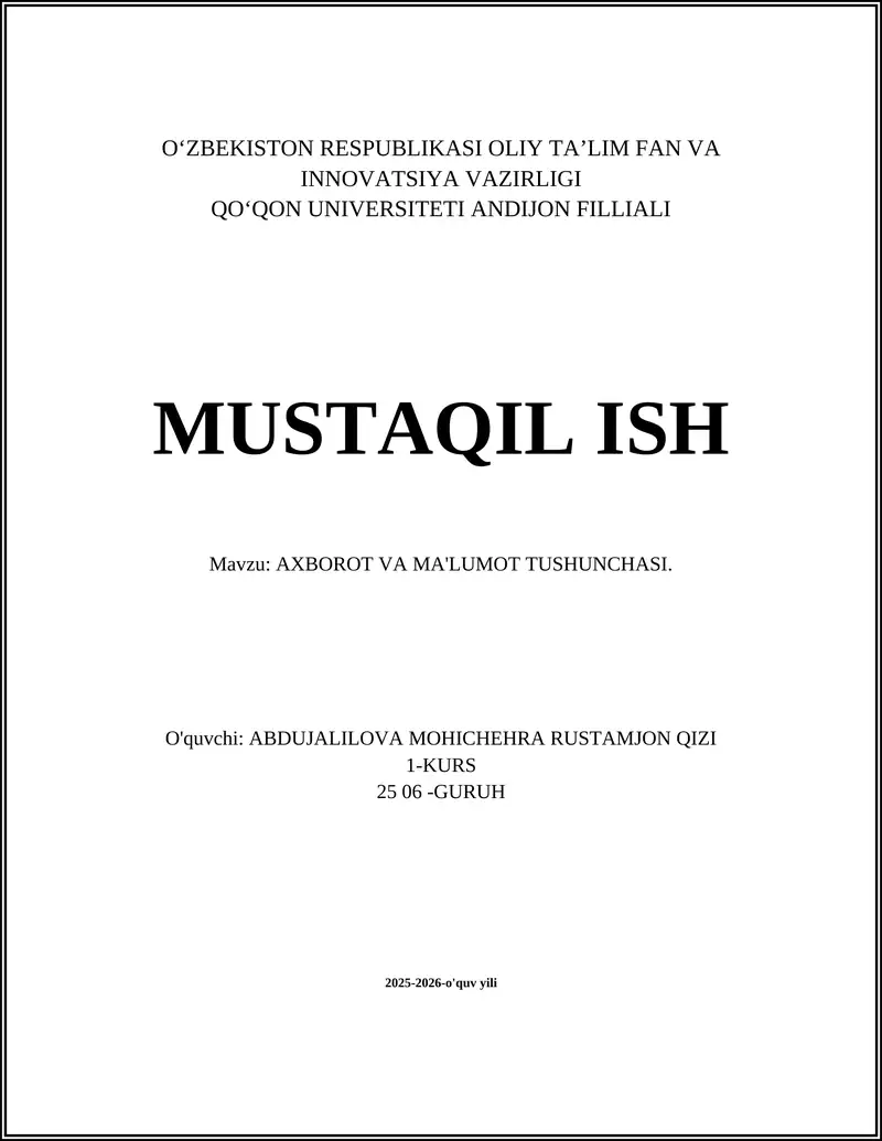 AXBOROT VA MA'LUMOT TUSHUNCHASI