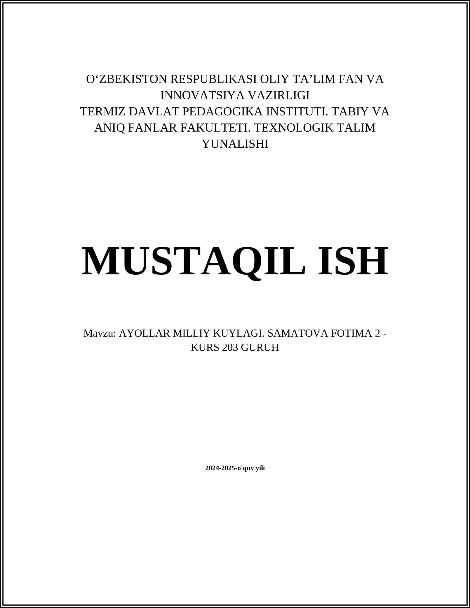 AYOLLAR MILLIY KUYLAGI