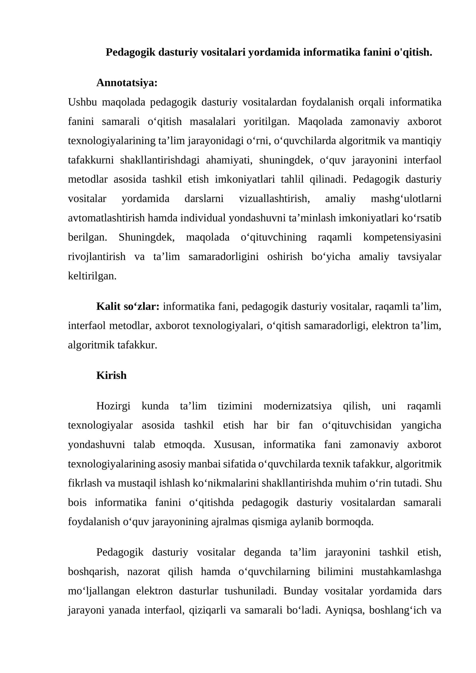 Pedagogik dasturiy vositalari yordamida informatika fanini o'qitish
