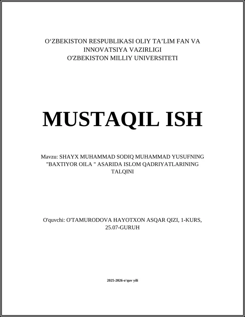 "Baxtiyor Oila" asarida islam qadriyatlari