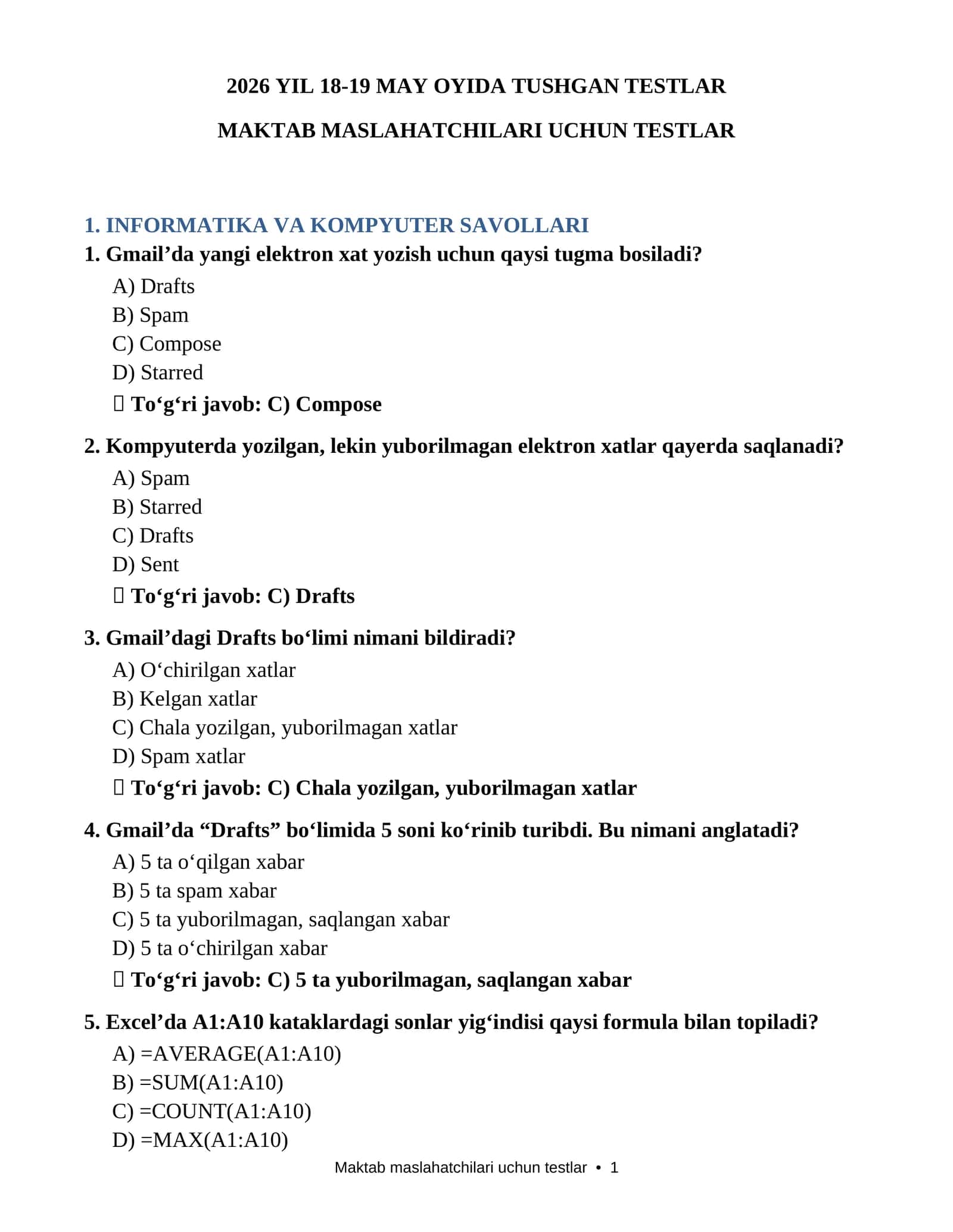 MAKTAB MASLAHATCHISI LAVOZIMI UCHUN  18-19 MAY 2026 YILDA TUSHGAN TESTLAR JAVOBLARI BILAN