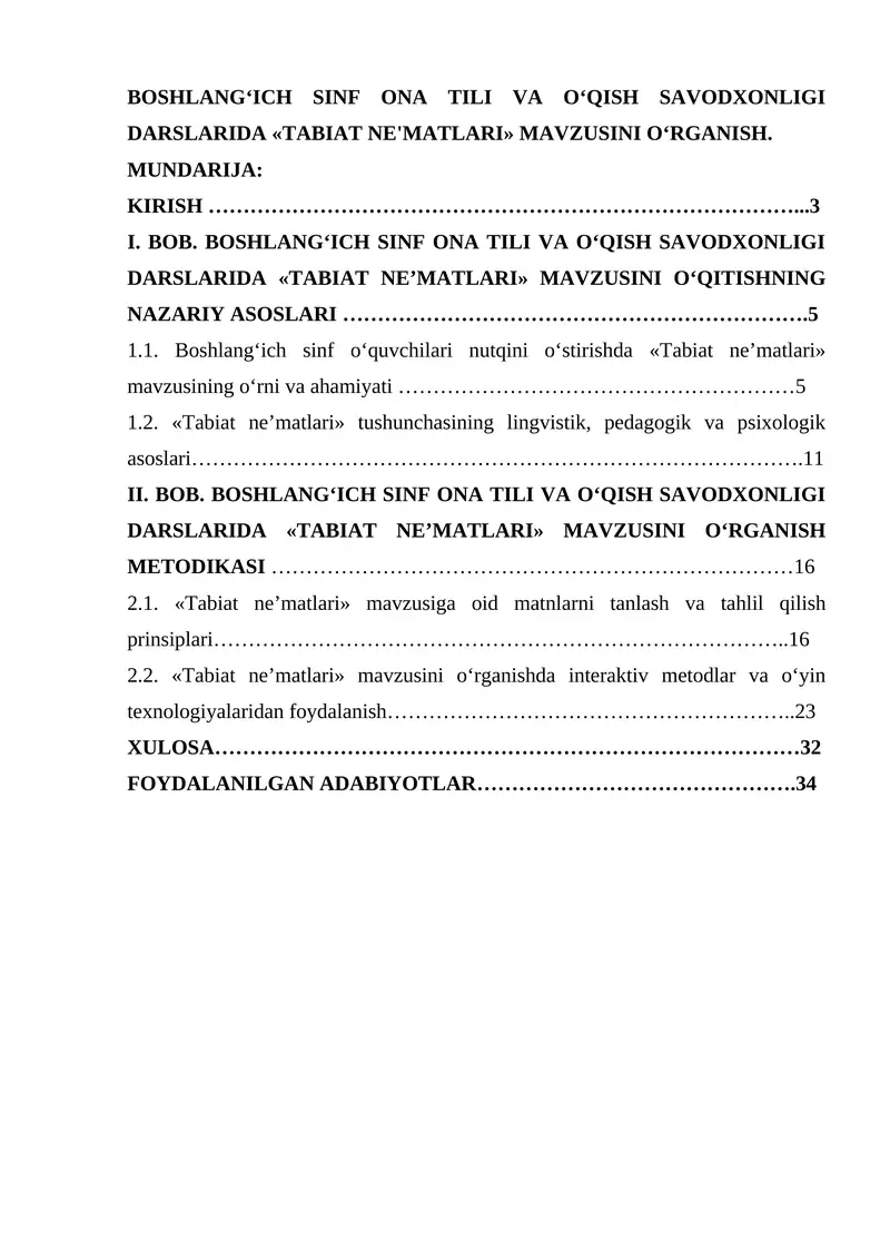 BOSHLANG‘ICH SINF ONA TILI VA O‘QISH SAVODXONLIGI DARSLARIDA «TABIAT NE'MATLARI» MAVZUSINI O‘RGANISH.
