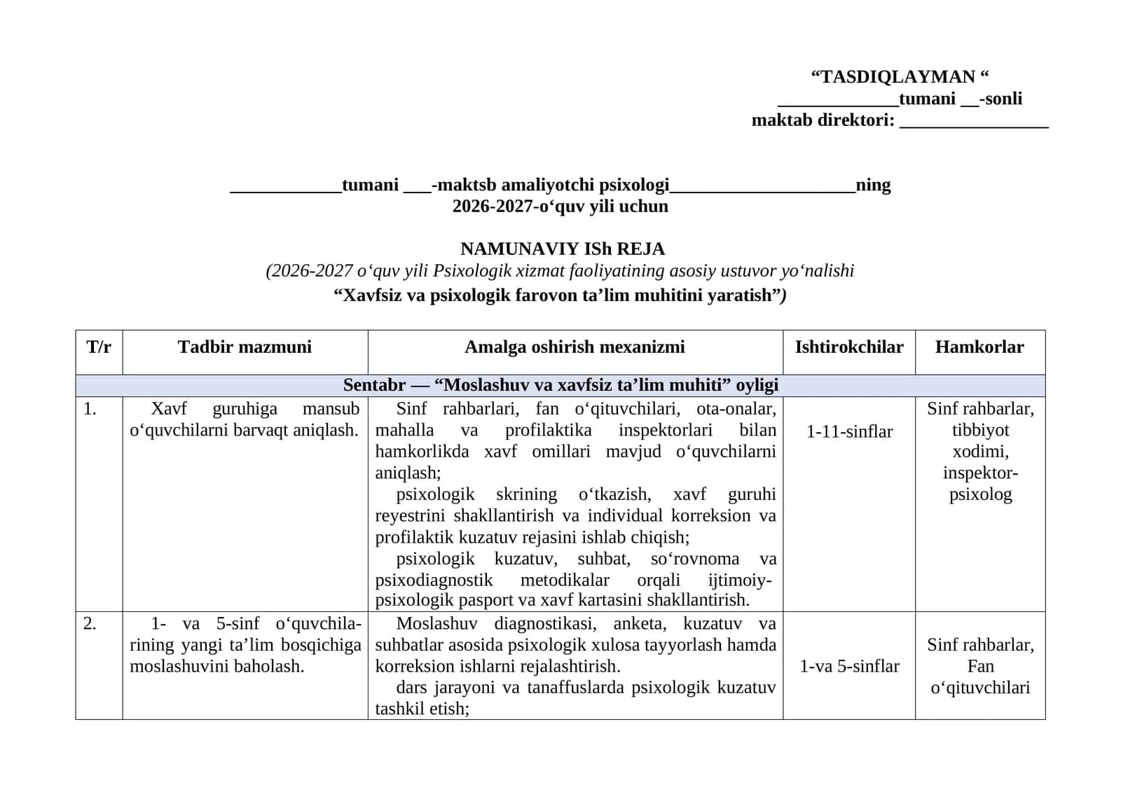 MAKTAB PSIXOLOGI ISH REJASI 2026-2027 O'QUV YILI