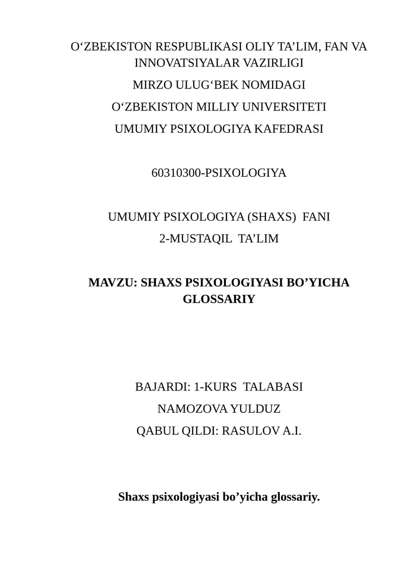 SHAXS PSIXOLOGIYASI BO’YICHA GLOSSARIY
