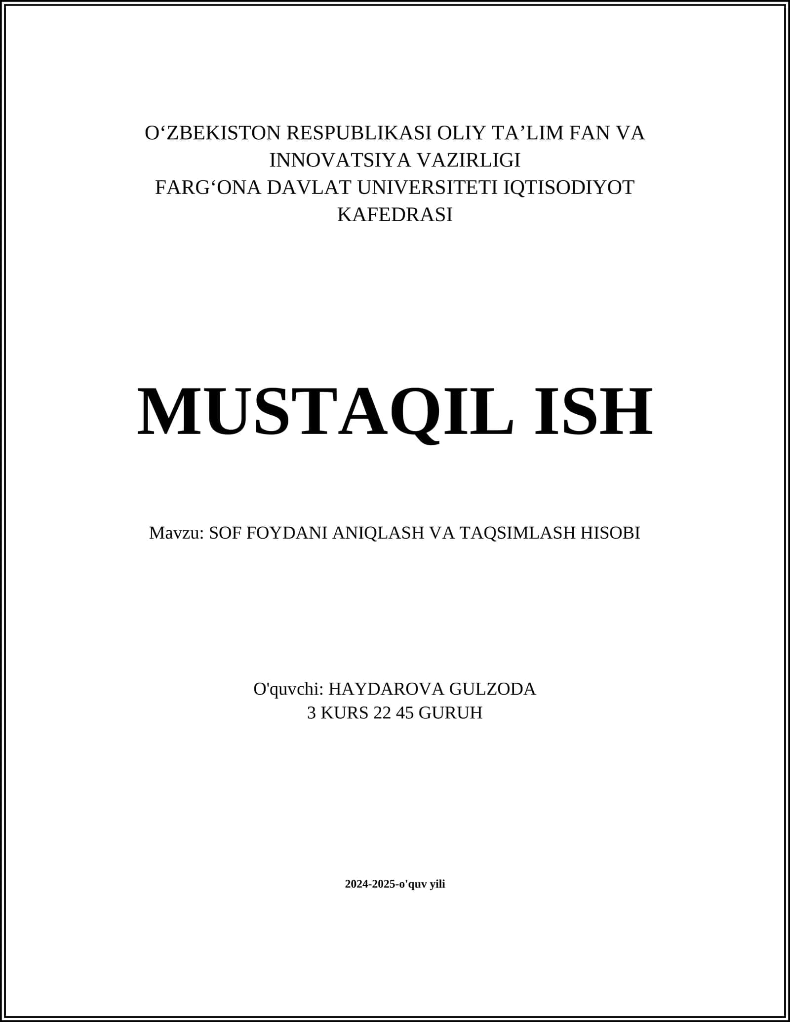SOF FOYDANI ANIQLASH VA TAQSIMLASH HISOBI