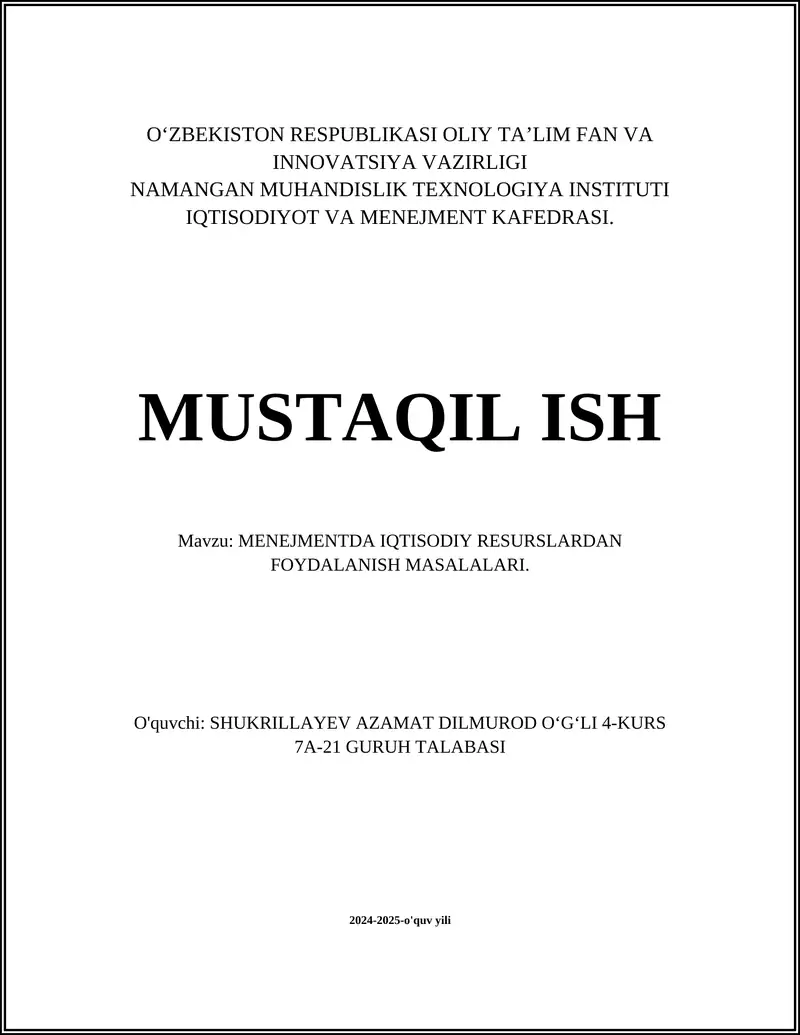 MENEJMENTDA IQTISODIY RESURSLARDAN FOYDALANISH MASALALARI