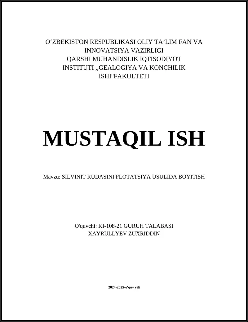 SILVINIT RUDASINI FLOTATSIYA USULIDA BOYITISH