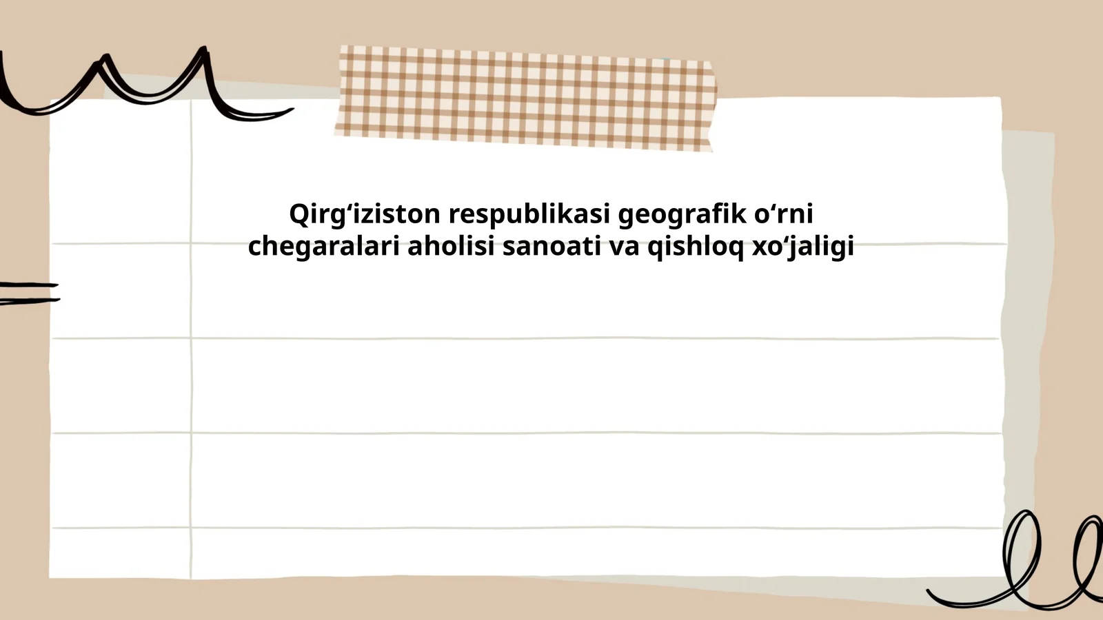 Qirgʻiziston respublikasi geografik oʻrni chegaralari aholisi sanoati va qishloq xoʻjaligi