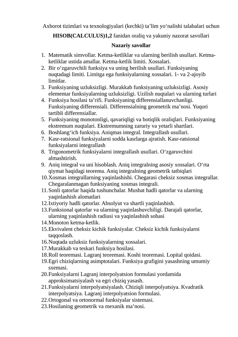 HISOB(CALCULUS)1,2 fanidan oraliq va yakuniy nazorat savollari