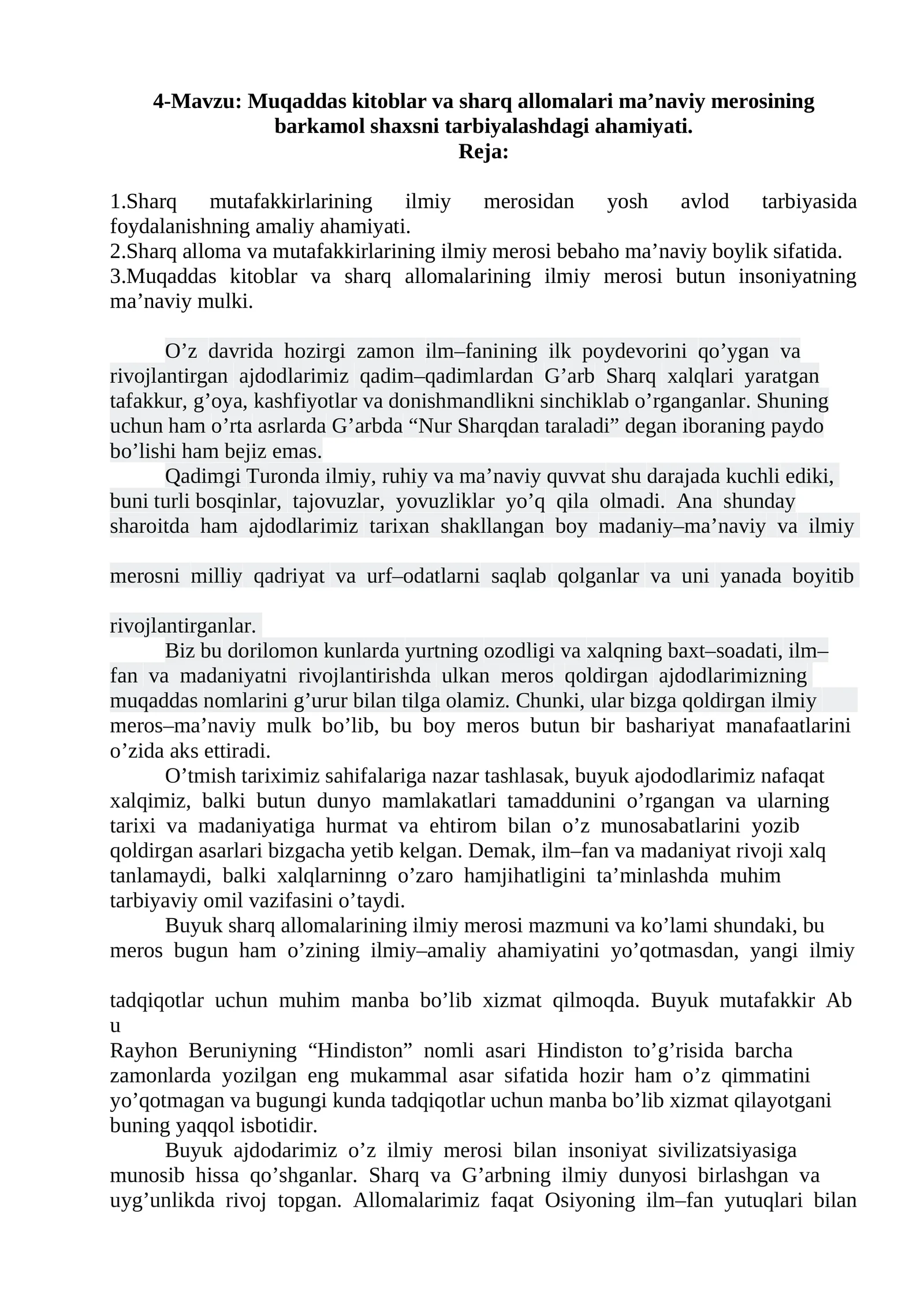 Muqaddas kitoblar va sharq allomalari ma’naviy merosining barkamol shaxsni tarbiyalashdagi ahamiyati