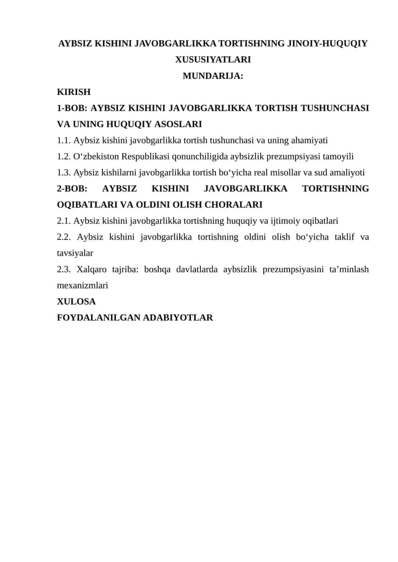 Aybsiz Kishini Javobgarlikka Tortishning Jinoiy-Huquqiy Xususiyatlari