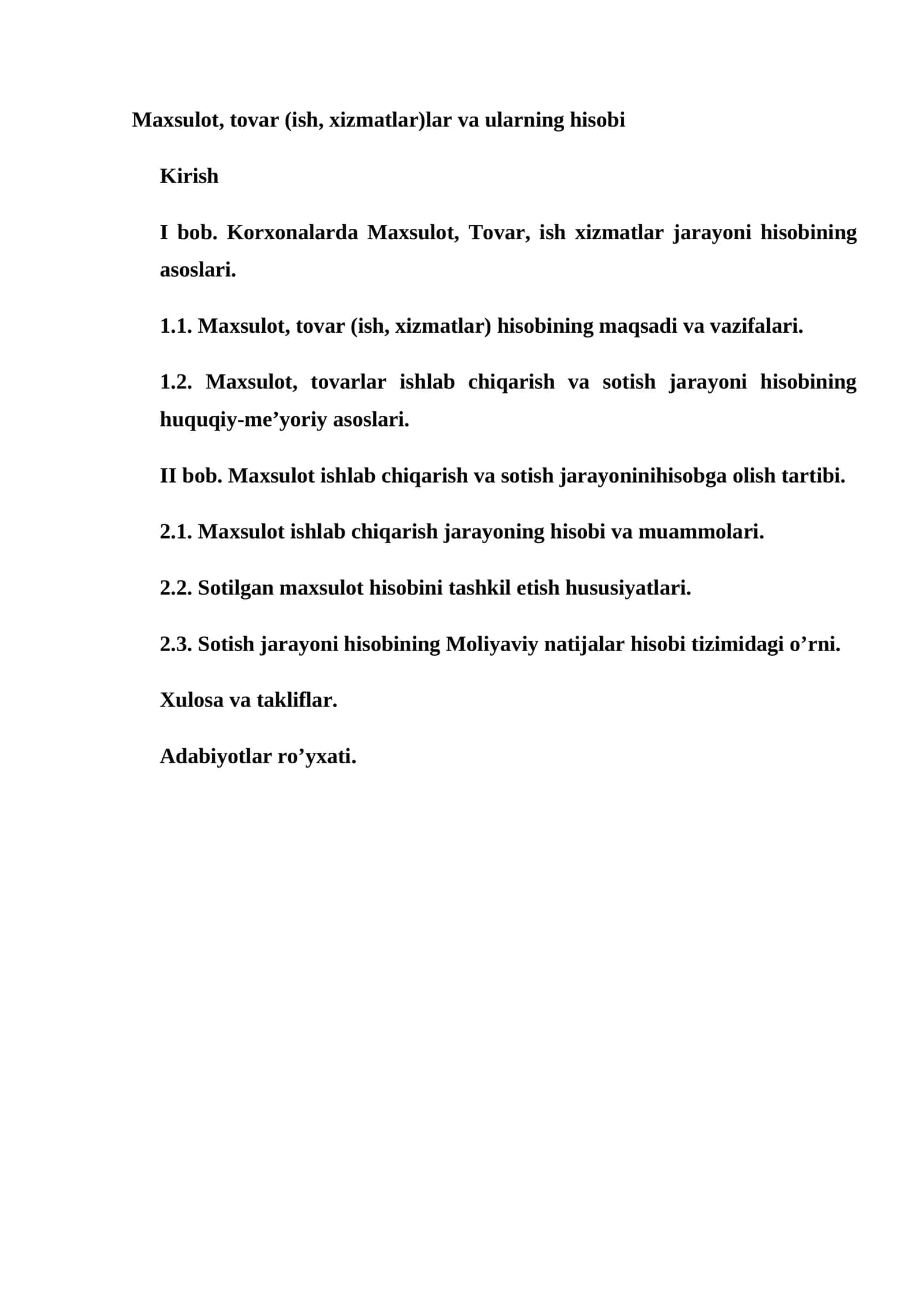 Mahsulot, tovar (ish, xizmatlar) va ularning hisobi