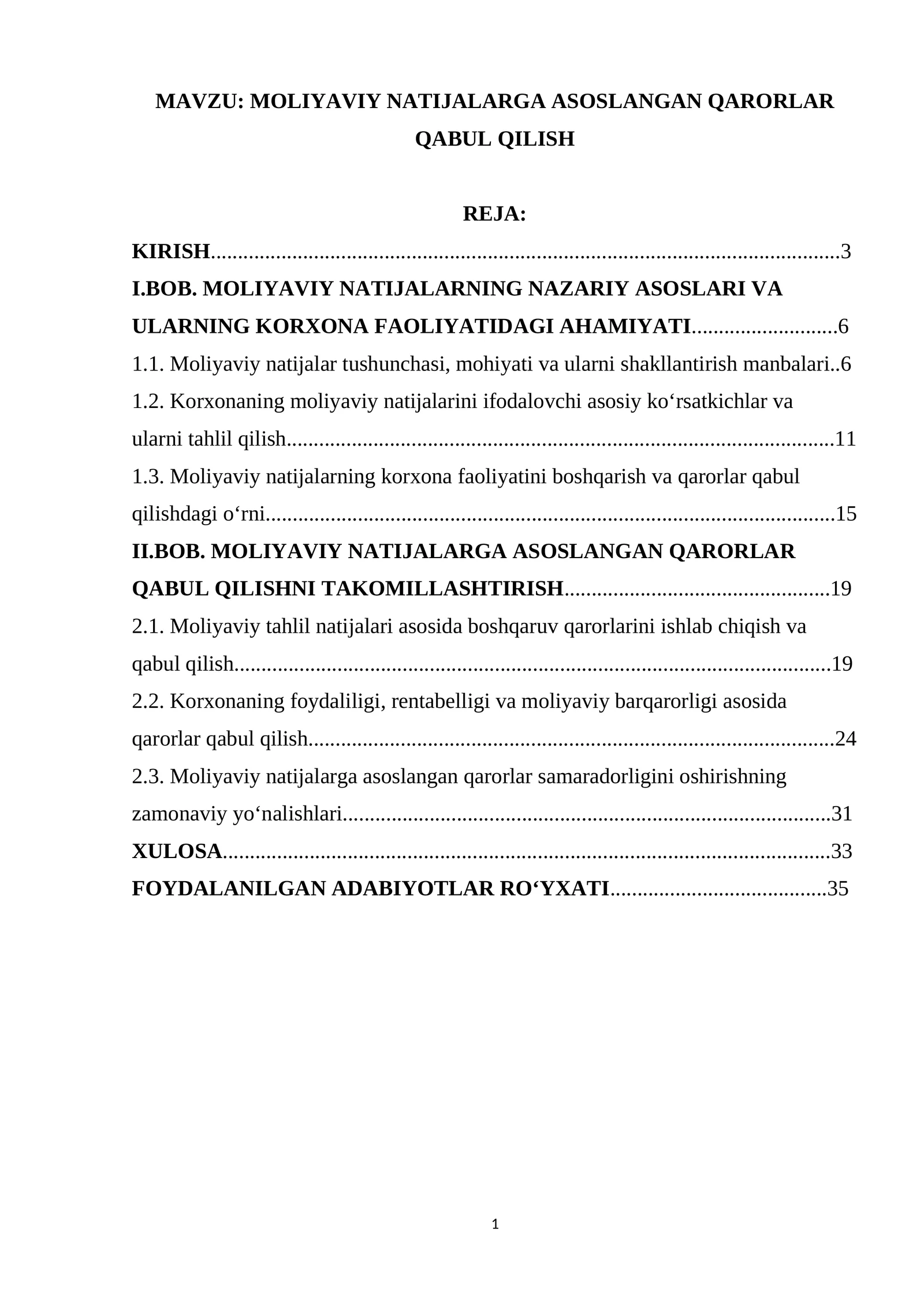 MOLIYAVIY NATIJALARGA ASOSLANGAN QARORLAR QABUL QILISH