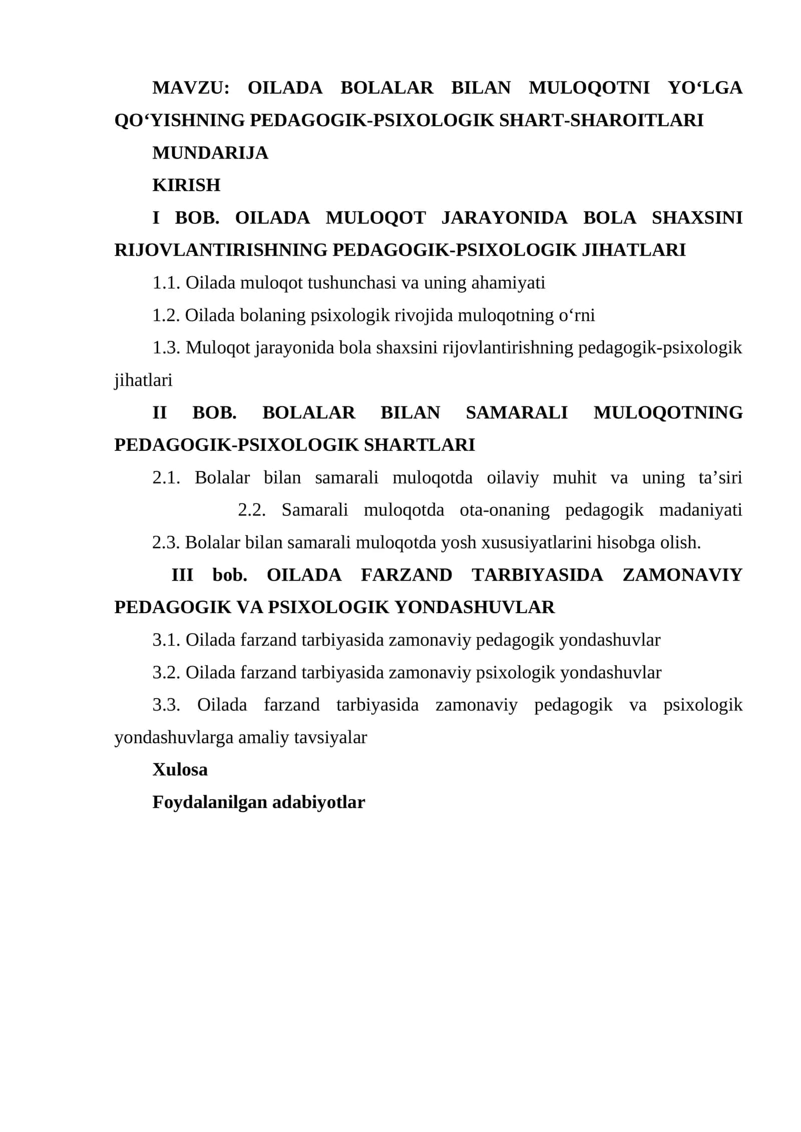 OILADA BOLALAR BILAN MULOQOTNI YO‘LGA QO‘YISHNING PEDAGOGIK-PSIXOLOGIK SHART-SHAROITLARI