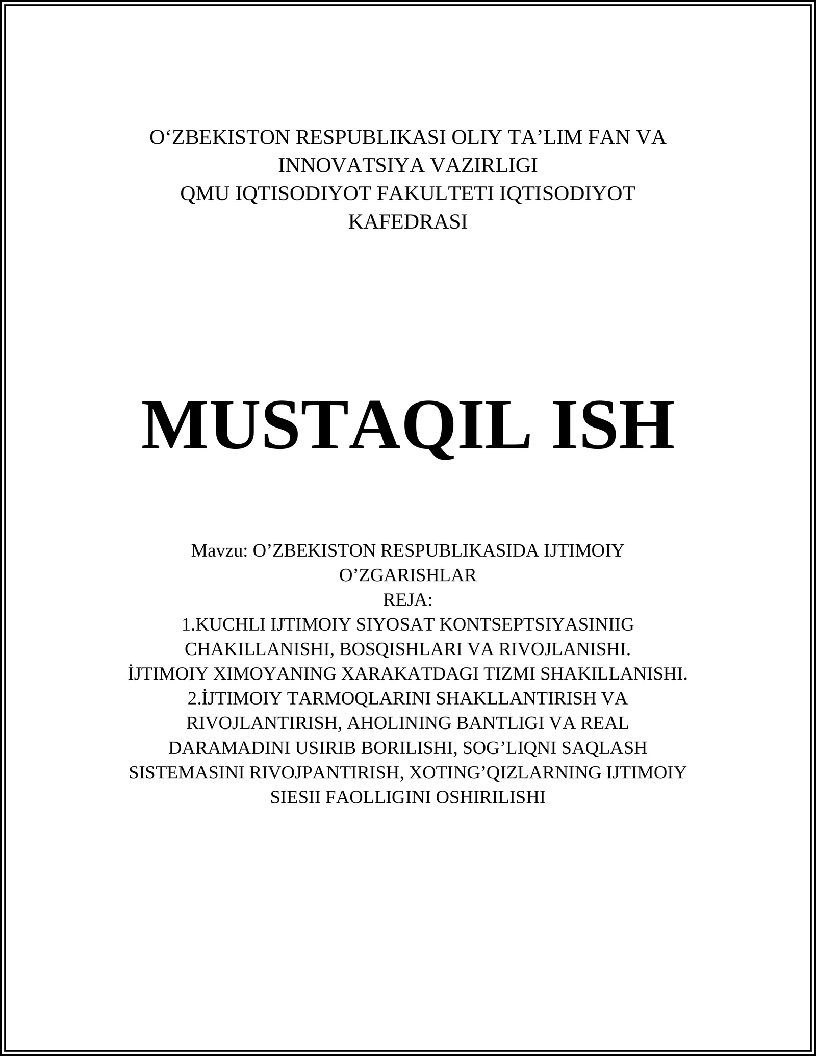 O'ZBEKISTON RESPUBLIKASI IJTIMOIY O'ZGARISHLAR