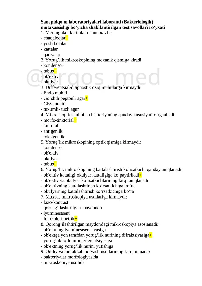 Sanepidqo'm laboratoriyalari laboranti (Bakteriologik) mutaxassisligi bo'yicha shakllantirilgan test savollari ro'yxati
