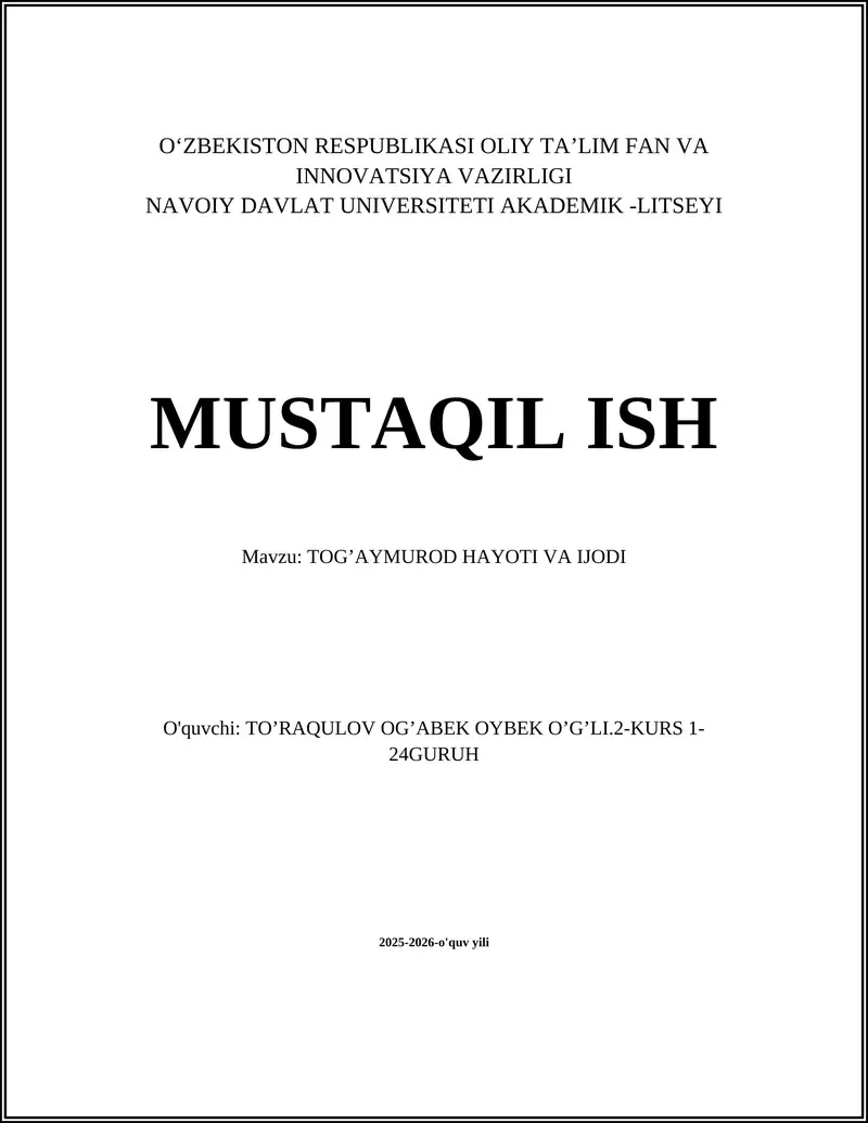 TOG’AYMUROD HAYOTI VA IJODI