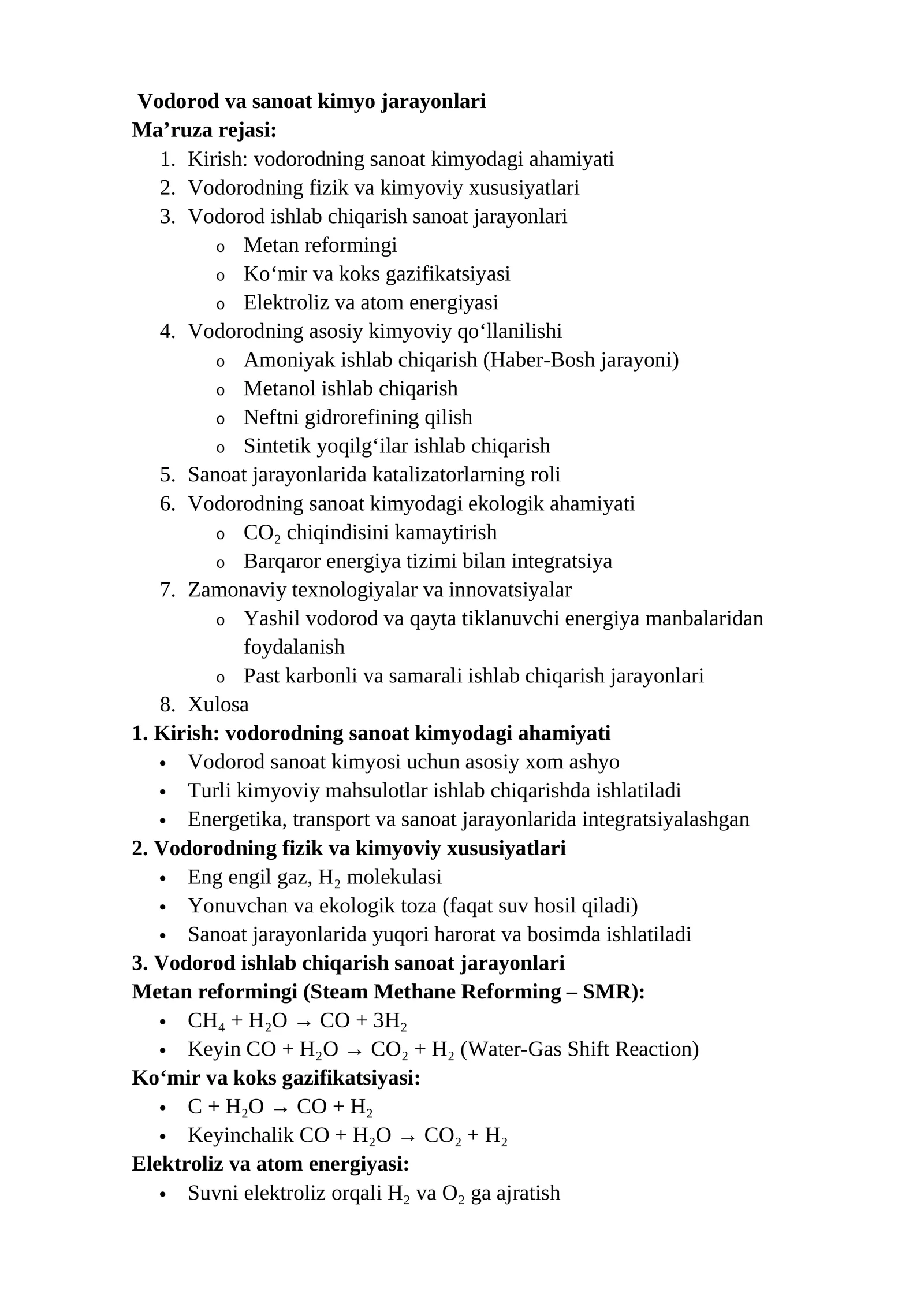 Vodorod va sanoat kimyo jarayonlari