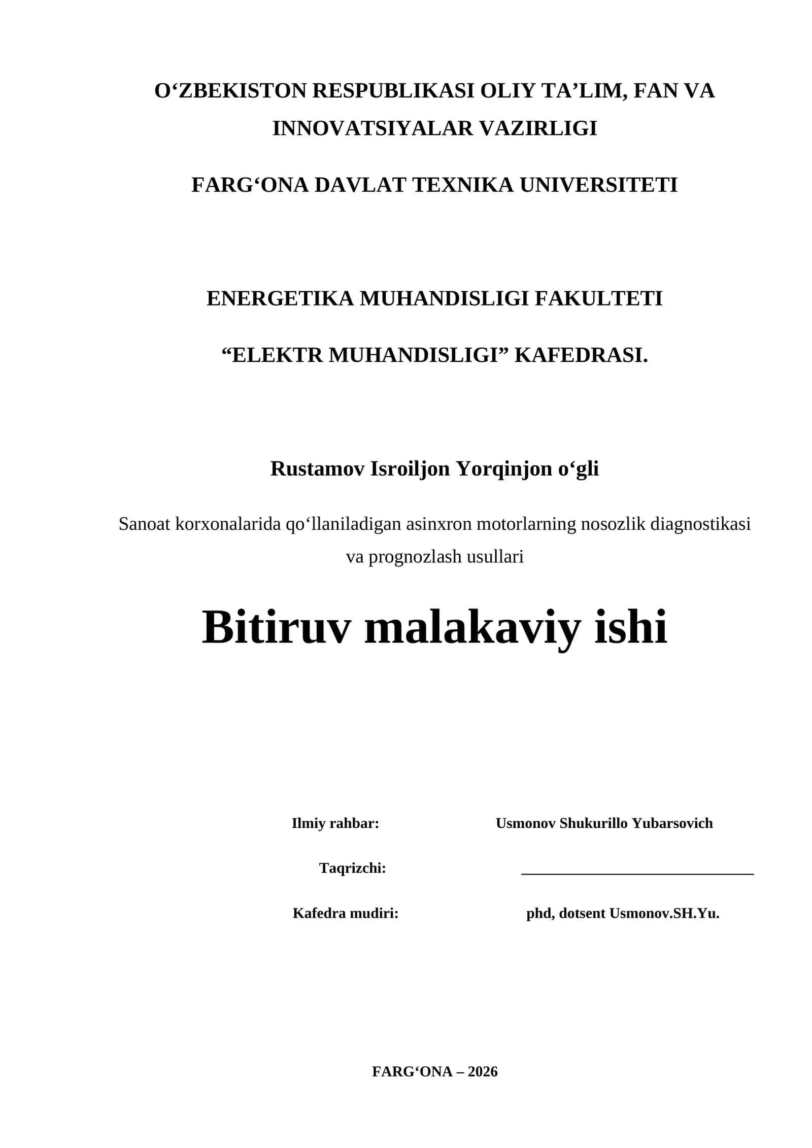 Asinxron motorlarning nosozlik diagnostikasi va prognozlash usullari