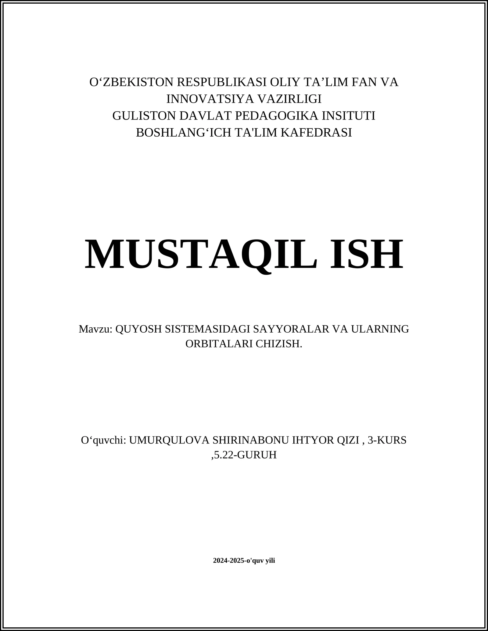Quyosh sistemasidagi sayyoralar va ularning orbitalari chizish