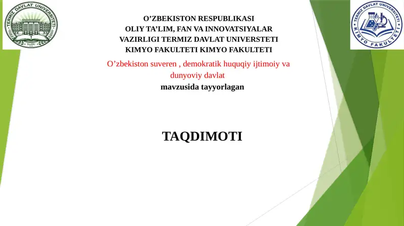 O’zbekiston suveren , demokratik huquqiy ijtimoiy va dunyoviy davlat